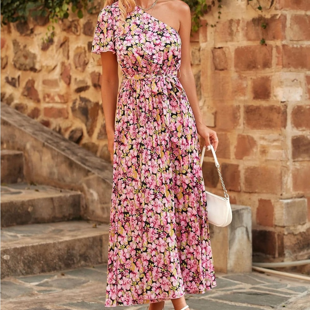 Boho One Shoulder Maxi Dresses Short Sleeve Floral Solid Belted Pleated Dress